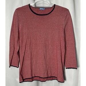 J McLaughlin Top Round Neck 3/4 Sweater Red White Stripe Knit Cotton Modal M